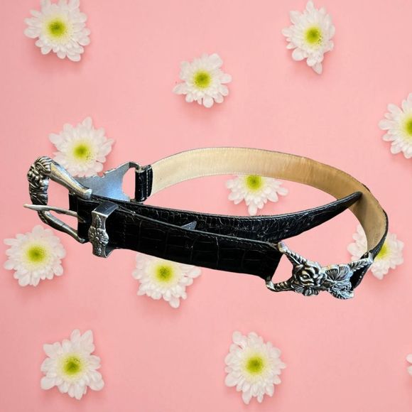 Brighton Accessories Brighton Women Leather Belt Size M Black Floral Metal Design 2483